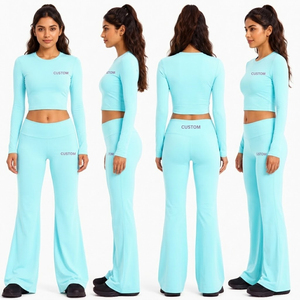 Custom Letter Yoga Sets Women <b>Long</b> <b>Sleeve</b> Crop <b>Top</b> High Waist Flared Leggings 2 Piece Outfit <b>Gym</b> Activewear Trendy Workout Set - Product Image 1