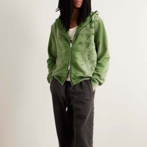 Sudadera con Capucha Extra Grande con Cierre, Bordado Floral Verde, Algodón French Terry, Diseño Casual con Bolsillos, Ropa de Otoño para Hombre - Product Image 1