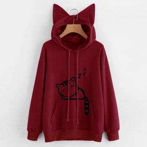 Sweat-shirt à capuche pour femme, nouvelle qualité, manches longues, imprimé chat mignon et oreilles, poche kangourou, cordon de serrage - Product Image 4