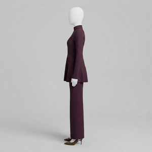 Women's Casual Embroidery Purple Hooded Fleece Knitted Jacket Set Long Sleeve Solid Color Full Length Pants Islamic Modest - Product Image 2
