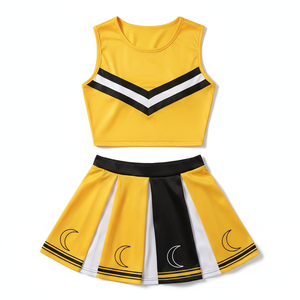 Yellow Cheerleading Uniform Set Sublimated Print Tank Top And <b>Skirt</b> With Black White Accents For Women Adults - Product Image 3