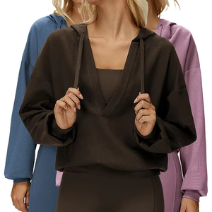 Sweat-shirt à capuche oversize pour femme, col en V profond, ultra doux, très extensible, pull décontracté athleisure - Product Image 1