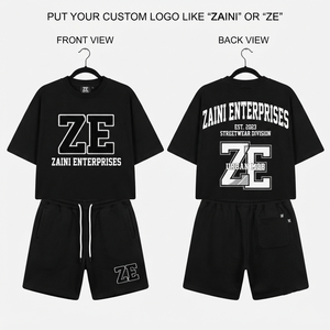 ZAINI 280 GSM Premium Polyester Fleece <b>Black</b> Oversized Breathable <b>T</b> <b>Shirt</b> and Shorts Set Custom Graphic Logo Streetwear Summer - Product Image 1