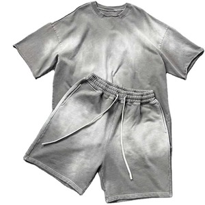 Ensemble deux pièces T-shirt et short de jogging délavé à l'acide personnalisé, en polyester/coton doux et respirant, unisexe, streetwear, décontracté, longueur genou, OEM ODM - Product Image 1