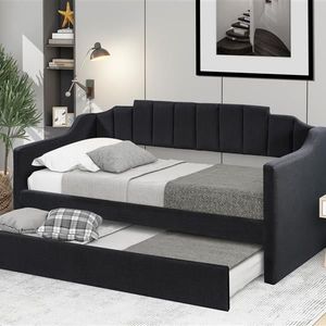 Black Upholstered Twin Daybed with Trundle Comfortable Bed Furniture - Product Image 3