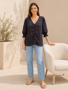 Navy Blue Floral Print Top V Neck Puff Half Sleeve Ruched Front Ladies Tunic Shirt Casual Daily Wear Clothes Wholesale Exporter - Product Image 3