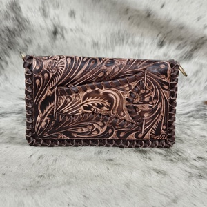 High-end Quality Handmade Tooled Floral Carved Women's Genuine Leather Clutch Hand <b>Wallet</b> Western Style Designer Hand <b>Wallet</b> - Product Image 3