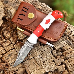 Canadian Flag Handle Custom Damascus Steel Folding Knife Razor Sharp Pocket Hunting Knife Leather Sheath OEM ODM Manufacturer - Product Image 1