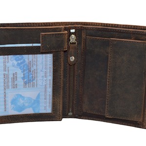 Men's Vintage Brown Genuine Leather <b>Trifold</b> <b>Wallet</b> Handmade Fold Closure Short Daily Use Horse Grain Finish Open Polyester 2026 - Product Image 2