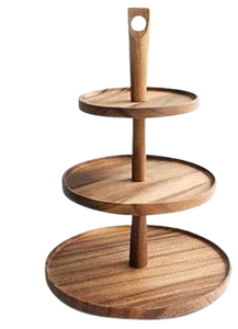Two Tier Bamboo Cake Stand <b>Round</b> Handmade <b>Serving</b> <b>Tray</b> Set with Metal Handle - Product Image 3