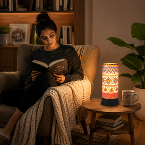Lámpara de Mesa LED con Estampado Geométrico Tribal Colorido y Pantalla de Lino |   Lámpara de Noche Moderna para Mesa de Noche |   Decoración Bohemia para Sala de Estar - Product Image 3