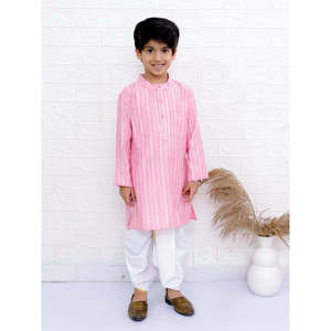 Conjunto de Kurta de Manga Larga con Rayas y Pantalón Dhoti para Niños, Color Rosa Bebé y Blanco, Poliéster - para Lehenga Choli, Choli, Salwar Kameez, Saree, Traje - Product Image 1