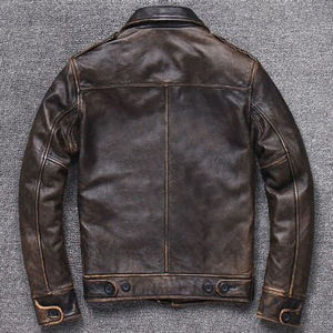 Blouson Aviateur Homme Vintage Marron en Cuir Véritable de Vache Vieilli Coupe Slim Décontractée Style Moto - Product Image 6