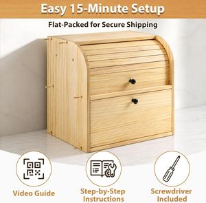 Boîte à pain en bois à 2 niveaux avec couvercle roulant, bac à pain en bois naturel, conteneur de rangement alimentaire, organisateur pour comptoir de cuisine, vente en gros - Product Image 2