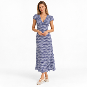 Vestido casual de verano con estampado geométrico azul y cuello en V para mujer - Product Image 1