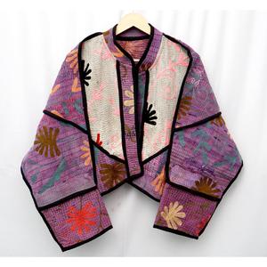 Premium Handmade Cotton Kantha <b>Coat</b> Jacket Vintage Style Short Patchwork Stripe Print Design Mandarin Collar Eco-Friendly - Product Image 3