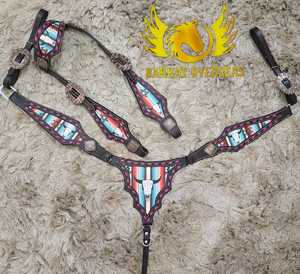 Selle Western en Cuir Véritable Premium Cowskull Légère, Multicolore et Durable avec Collier de Poitrine et Têtière pour Cheval - Product Image 4