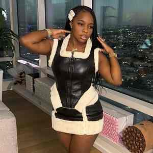 Ensemble jupe en cuir Y2K printemps automne hiver pour femmes, haut sans manches en patchwork fourrure et cuir et mini-jupe, ensemble deux pièces - Product Image 4