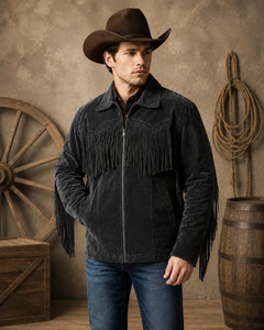 Men's Black Leather <b>Jacket</b> With <b>Fringe</b> Turn-down Collar Zipper Closure Regular Fit Autumn Wear - Product Image 1