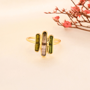Natural Multi Tourmaline Stick Brass <b>Adjustable</b> <b>Ring</b> Gold Plated Jewelry - Product Image 1