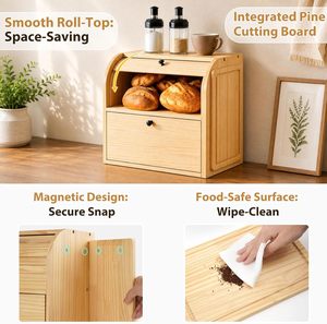 Boîte à pain en bois à 2 niveaux avec couvercle roulant, bac à pain en bois naturel, conteneur de rangement alimentaire, organisateur pour comptoir de cuisine, vente en gros - Product Image 4