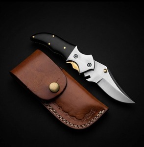 Couteau pliant artisanal DIY en acier Damas à lame coulissante, avec étui en cuir OEM, pour la chasse, le camping et la survie, lame Drop Point - Product Image 2