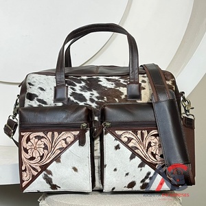 Western Hand Tooled Cowhide Leather Zipper Pocket Baby <b>Changing</b> Mummy Nappy <b>Bag</b> Multiple Compartment Travel Shoulder Storage <b>Bag</b> - Product Image 1