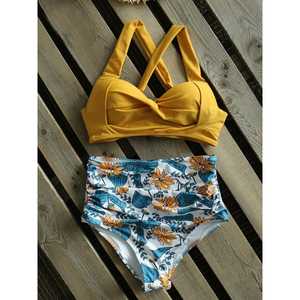 Women's Red <b>Crossed</b> Halter Bikini Set Floral High Waist Bottom Spandex Polyester Stretch Twist Design - Product Image 3
