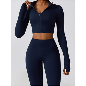 <b>Women</b> 2 Piece Yoga Set Solid Color High Waist <b>Leggings</b> Quarter Zip Crop Top Full Sleeve Seamless Activewear Fitness Wear - Product Image 5