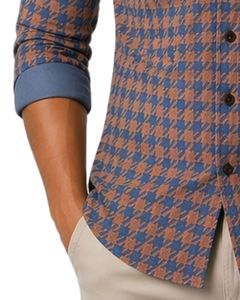 Chemise décontractée pour homme, coupe slim, manches longues, boutonnée, en coton, motif pied-de-poule marron et bleu, qualité supérieure, élégante. - Product Image 6