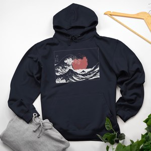 Unisex Black Cotton Pullover <b>Hoodie</b> <b>Japanese</b> Wave Print Kangaroo Pocket Drawstring Sweatshirt OEM Service Winter 380g Silk - Product Image 5
