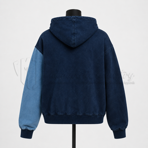 เสื้อแจ็คเก็ตฮู้ดซิปยีนส์สีตัดต่อแบบขายส่งตามสั่ง ผู้ผลิตเสื้อผ้าสตรีทแวร์แบบ OEM ODM - Product Image 2