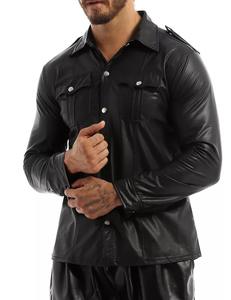 Adjustable <b>Men's</b> Leather <b>Shirts</b> Custom Design <b>Satin</b> Streetwear Solid Color Real Leather - Product Image 5