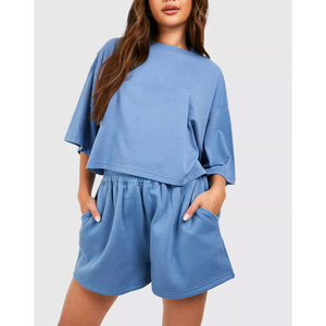 2026 New Arrival Women's Blue Cotton Shorts Set Crew Neck Loose Fit Casual Summer Wear Side Pockets <b>Elastic</b> Waist Solid Color - Product Image 3
