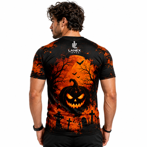 T-shirt personnalisé pour homme Halloween, noir et orange, motif citrouille et maison hantée, impression numérique 3D par sublimation, décontracté, manches courtes - Product Image 4