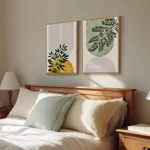 Arte Mural Boho Verde Enmarcado para Decoración de Habitaciones, Juego de 2 Cuadros Botánicos Geométricos con Flores, Arte para Paredes de Dormitorio, Clásico Neutro - Product Image 2