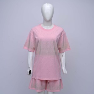 Wholesale Custom logo Women’s Outfit <b>Rhinestone</b> Pink Color <b>Top</b> Oversized Half Sleeve Bottom Matching Shorts Cotton jersey Sets - Product Image 1