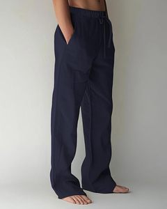 Men's Navy Blue Cotton Sweatpants Elastic Waist Drawstring Casual <b>Pants</b> with Side Pockets Lightweight <b>Summer</b> Wear - Product Image 2