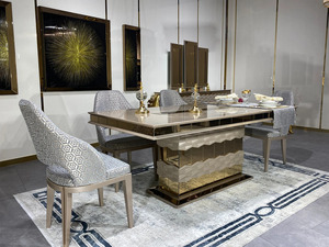 Ensemble de salle à manger moderne de luxe en teck massif noir et or, 6 chaises, table rectangulaire, mobilier contemporain pour villa, maison, cuisine - Product Image 6