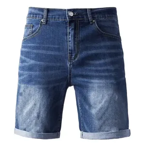 Shorts en jean rétro tendance pour homme, coupe ample décontractée, taille haute, tissage crocheté, effet vieilli, orné de cristaux - Product Image 1