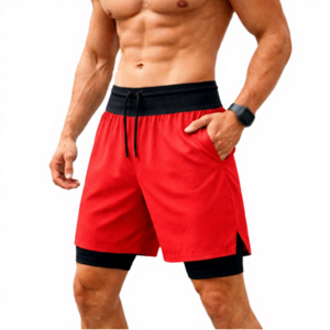 Shorts de sport gris pour homme à séchage rapide avec poches, taille à cordon de serrage, longueur mi-cuisse, style bermuda, avec couche intérieure de compression - Product Image 4