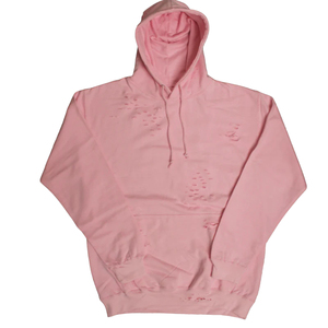 เสื้อฮู้ดดี้ผู้ชายแบบขาดๆ ทรงโอเวอร์ไซส์ สีชมพู ผ้าฟลีซ ผ้าฝ้าย มีฮู้ด สไตล์สตรีทแวร์  รับสกรีนโลโก้ ขายส่ง - Product Image 1