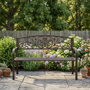 Banco de Jardín Decorativo de Metal para Exteriores con Respaldo y Reposabrazos con Diseño Floral para Patio, Césped, Parque, Balcón y Terraza - Product Image 6