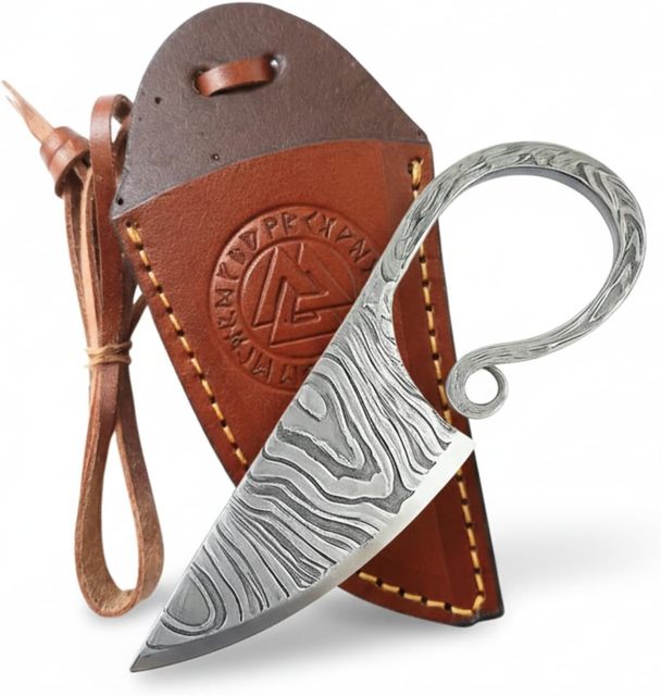 Custom DIY OEM Hand Forged EDC Viking Neck Knife Damascus Steel Fixed Blade Wood Handle Spear Point 6 Inches Outdoor Camping