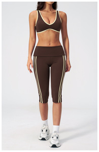 Custom Brown 2 Piece Yoga Set Spaghetti Strap <b>Crop</b> <b>Top</b> High Waist Flared Pants Contrast Binding Breathable Spandex Polyester - Product Image 3