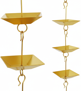 Chaîne de pluie suspendue en métal finition laiton 8,5 pieds, faite à la main, ornement de jardin de forme rectangulaire, décoration extérieure avec adaptateur de gouttière et crochet en V - Product Image 1