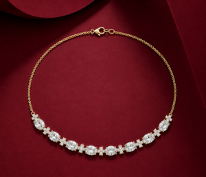 Collier tennis ovale floral en diamant de laboratoire, diamant taille ronde, or pur 14K, argent 925, collier de mariage raffiné pour femme, bijoux - Product Image 1