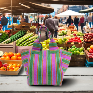 Eco-Friendly Reusable Recycled Nylon Shopping Bag Zipper Striped Pattern Large Capacity for <b>Makeup</b> Travel-Fashion Cosmetic - Product Image 4