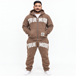 Survêtement zippé respirant en chenille et strass 380g pour homme, veste à capuche en polaire et pantalon de jogging, étiquette personnalisée, streetwear d'hiver - Product Image 1