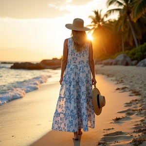 Vestido largo bohemio con estilo sin esfuerzo, diseño sin mangas acampanado para salidas informales y diarias de verano, estampado de enredaderas blancas y azules - Product Image 1